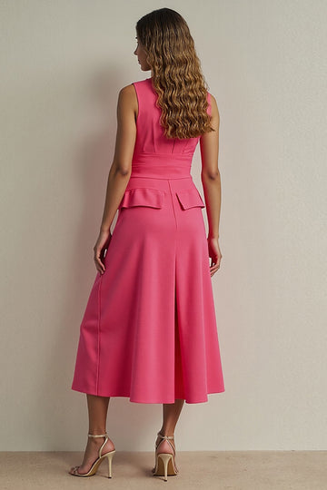 Fuchsia A Line Single Breasted Tea Length Work Dress